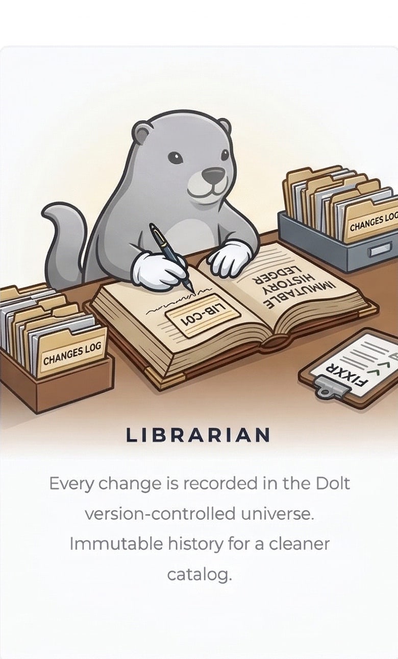 Librarian: Every change is recorded in the Dolt version-controlled universe. Immutable history for a cleaner catalog.