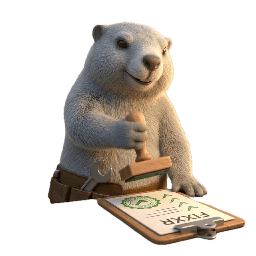 Maxx mid-stamp, pressing the Green Seal onto the FIXXR clipboard