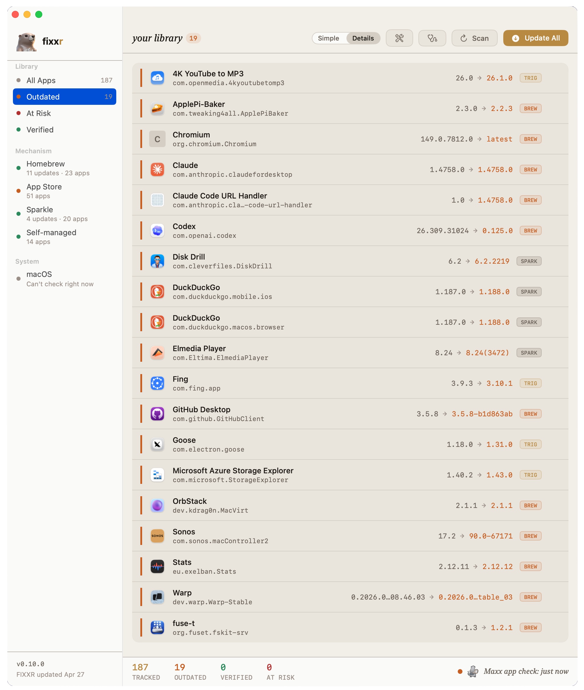 FIXXR Workshop in Details mode — same Outdated filter, dense table view with version deltas and mechanism badges (CASK / MAS / SPARK)