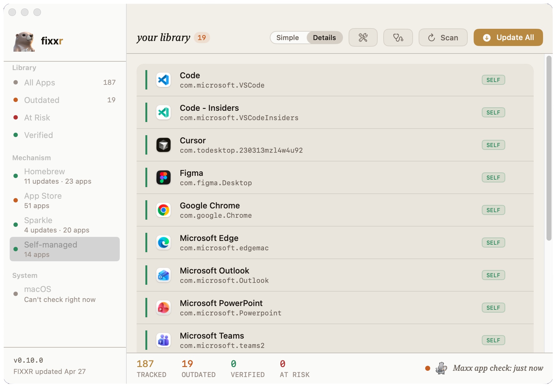 FIXXR Workshop with the Self-managed sidebar filter active — apps that update themselves (Code, Cursor, Chrome, Edge, etc.) each stamped with a SELF badge